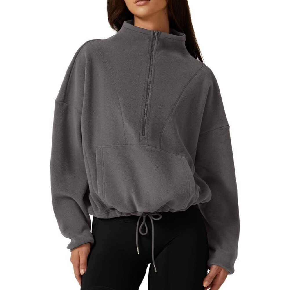 Women's Dark Grey Half Zip Mock Neck Fleece Long Sleeve Winter Sweatshirt